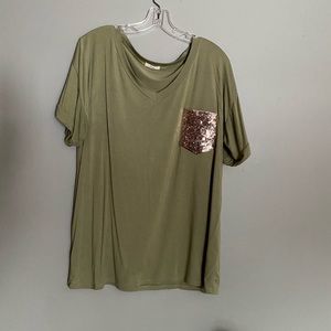 Olive tee with cute sequin gold pocket.